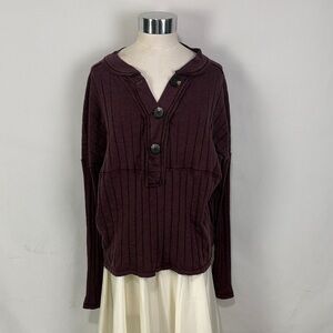 We The Free Brown Ribbed Button Front Top